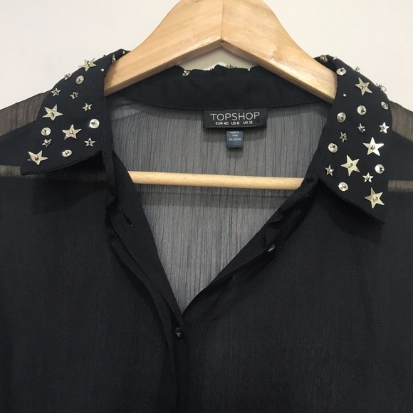 𝅺TOPSHOP black sheer long sleeve sequin collar shirt blouse sz 8 - Picture 2 of 11